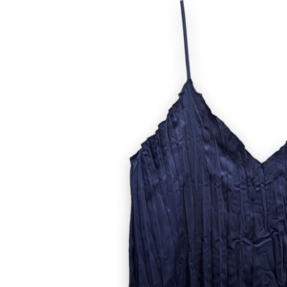 Zara Wrinkled Satin Effect Slip Dress V-Neck Midi Navy Blue US S - Picture 7 of 7
